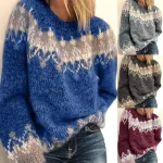 Women's Fair Isle Jacquard Sweater Crew Neck Pullover Jumper Vintage Color Block Winter Warm Sweater