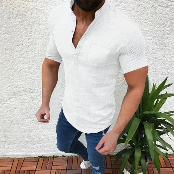 Men's Shirt Linen Shirt Summer Shirt Beach Shirt White Blue Gray Short Sleeve Solid Color Stand Collar Spring & Fall Casual Daily Clothing Apparel collared shirts