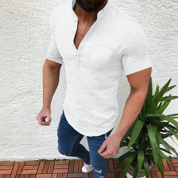 Men's Shirt Linen Shirt Summer Shirt Beach Shirt White Blue Gray Short Sleeve Solid Color Stand Collar Spring & Fall Casual Daily Clothing Apparel collared shirts