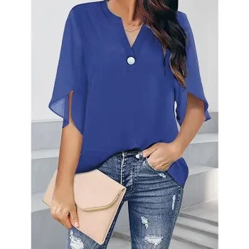Blouse Women's Red Wine Blue Solid Color Button Chiffon Home Office V Neck S