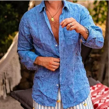 Men's Shirt Summer Shirt Beach Shirt Blue Long Sleeve Solid Color Turndown Spring & Summer Outdoor Street Clothing Apparel Button-Down