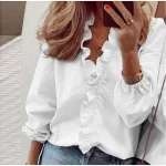 Women‘s Blouse Shirt V Neck Lettuce Trim Plain Modern V Neck Regular Spring & Fall Green Blue White Orange