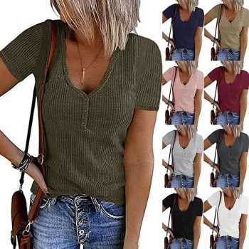 Women's Henley Shirt T shirt Tee Black White Pink Plain Button Short Sleeve Casual Daily Sexy Round Neck Regular S