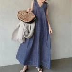 Women's Denim Dress Swing Dress Midi Dress Black Blue Dark Blue Sleeveless Pure Color Cold Shoulder Summer Spring V Neck Casual Loose Fit One-Size