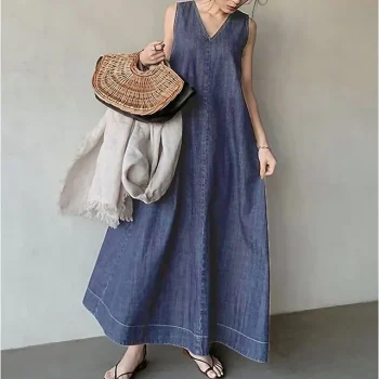 Women's Denim Dress Swing Dress Midi Dress Black Blue Dark Blue Sleeveless Pure Color Cold Shoulder Summer Spring V Neck Casual Loose Fit One-Size