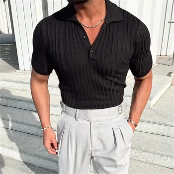 Men's Polo Shirt Knit Polo Sweater Street Casual Turndown Button Short Sleeve Fashion Casual Solid Color Button Front Summer Spring Fall Regular Fit Black Polo Shirt