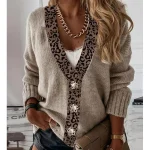 Women's Cardigan Sweater V Neck Crochet Knit Patchwork Button Fall Winter Cropped Daily Holiday Casual Long Sleeve Leopard Brown S M L