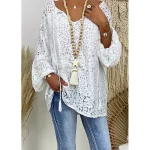 Women's Plus Size Lace Shirt Blouse Floral Daily Vacation Going out White Lace Long Sleeve Elegant Streetwear Casual V Neck Regular Fit Spring Fall Winter