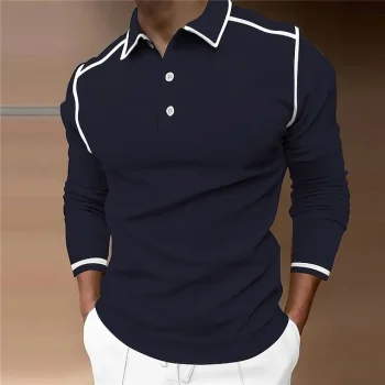 Men's Polo Shirt Golf Shirt Street Casual Polo Collar Classic Long Sleeve Fashion Designer Solid Colored Patchwork Button Front Spring & Fall Regular Fit Wine Navy Blue Polo Shirt