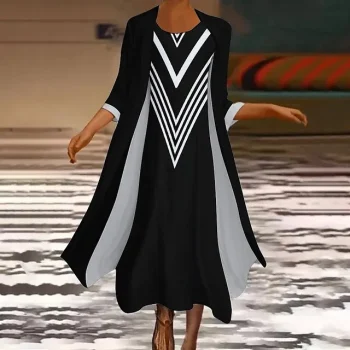 Women's Dress Set Two Piece Dress Long Dress Maxi Dress Black and white stripes Long Sleeve Color Block Print Winter Fall Crew Neck Vacation Winter Dress Weekend Fall Dress Loose Fit S M L XL