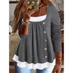 Women's Plus Size T shirt Tee Plain Daily Going out Weekend Black Red Blue Button Fake two piece Long Sleeve Casual Crewneck Regular Fit Fall Winter Fall & Winter