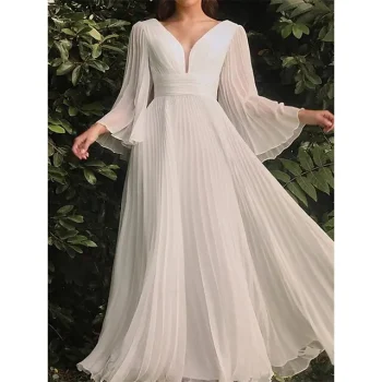 Women's Prom Dress Party Dress Holiday Dress Long Dress Maxi Dress White Wine Long Sleeve Pure Color Pleated Spring Fall Winter V Neck Fashion Vacation Spring Dress S M L XL