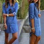 Shirt Tunic Shirts Women's Blue Dark Blue Solid / Plain Color Long Button-Down Street Daily Classic Shirt Collar Denim Regular Fit S