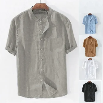 Men's Linen Shirt Summer Shirt Beach Shirt Apricot Black White Short Sleeve Plain Standing Collar Summer Spring Outdoor Daily Clothing Apparel Button-Down