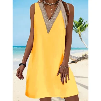 Women's Tank Dress Summer Dress Color Block Patchwork Lace Trim V Neck Mini Dress Fashion Modern Outdoor Daily Sleeveless Regular Fit White Yellow Blue Summer Spring S M L XL XXL