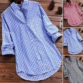 Shirt Women's Black Red Blue Plaid Pocket Daily Basic Shirt Collar Regular Fit S