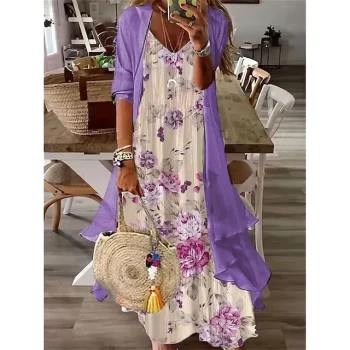 Women's Two Piece Dress Set Print Dress Daily Vacation Casual Print Maxi Dress V Neck 3/4 Length Sleeve Floral Loose Fit White Purple Green Summer Spring S M L XL XXL