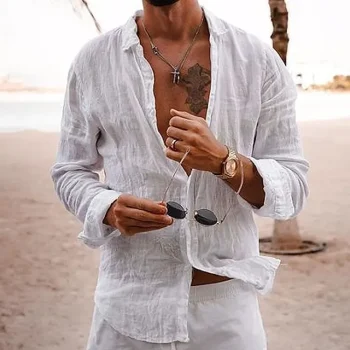 Men's Linen Shirt Casual Shirt Summer Shirt Beach Shirt Black White Pink Long Sleeve Plain Lapel Spring & Summer Hawaiian Holiday Clothing Apparel Basic