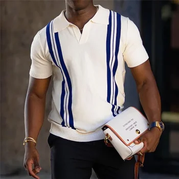 Men's Golf Shirt Knit Polo Outdoor Casual V Neck Short Sleeve Vintage Designer Striped Novelty Stripe Summer Spring Regular Fit Blue Golf Shirt