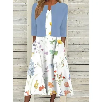 Women's Two Piece Dress Set Casual Dress Print Dress Daily Vacation Fashion Modern Pocket Print Midi Dress Crew Neck Half Sleeve Floral Regular Fit White Summer Spring S M L XL XXL
