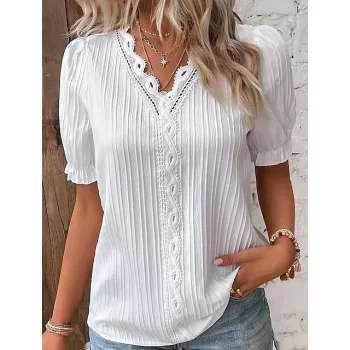 Women's Lace Shirt Shirt Blouse Plain Casual White Sky Blue Lace Short Sleeve Vintage Basic V Neck Regular Fit