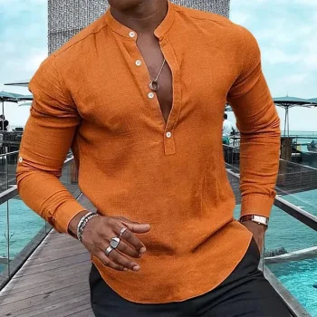 Men's Linen Shirt Shirt Popover Shirt Casual Shirt Summer Shirt Beach Shirt Black White Pink Long Sleeve Plain Henley Spring & Summer Casual Daily Clothing Apparel