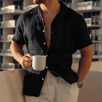 Men's Shirt Linen Shirt Button Up Shirt Casual Shirt Summer Shirt Beach Shirt Black White Pink Short Sleeve Plain Lapel Summer Casual Daily Clothing Apparel Front Pocket