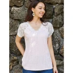 Women's Lace Shirt Shirt Blouse Plain Casual White Pink Lace Patchwork Cut Out Short Sleeve Basic V Neck Regular Fit