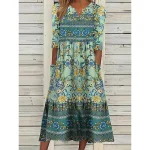 Women's Ethnic Dress Summer Dress Floral Print Ruched V Neck Midi Dress Vintage Ethnic Outdoor Daily 3/4 Length Sleeve Loose Fit Blue Purple Green Summer Spring S M L XL XXL