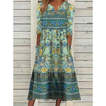Women's Ethnic Dress Summer Dress Floral Print Ruched V Neck Midi Dress Vintage Ethnic Outdoor Daily 3/4 Length Sleeve Loose Fit Blue Purple Green Summer Spring S M L XL XXL