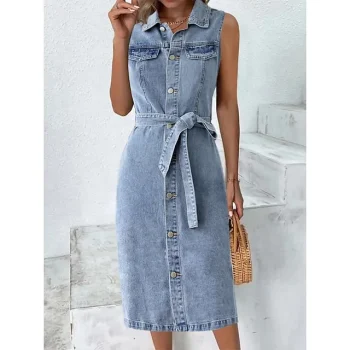 Women's Denim Dress Denim Shirt Dress Midi Dress Denim Fashion Modern Outdoor Daily Vacation Shirt Collar Lace up Button Sleeveless Summer Spring Loose Fit Blue Plain S M L XL 2XL