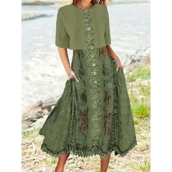 Women's Two Piece Dress Set Casual Dress Swing Dress Outdoor Daily Fashion Modern Button Pocket Midi Dress Crew Neck Short Sleeve Floral Loose Fit Pink Blue Green Summer Spring S M L XL XXL