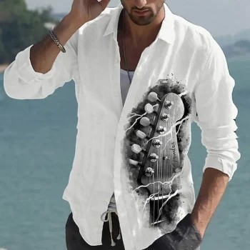 Men's Shirt GraphicMusic Guitar Turndown White Pink Brown Green Outdoor Street Long Sleeve Print Clothing Apparel Fashion Streetwear Designer Casual