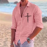 Men's Shirt GraphicCross Turndown White Pink Green Gray Outdoor Street Long Sleeve Print Clothing Apparel Fashion Streetwear Designer Casual