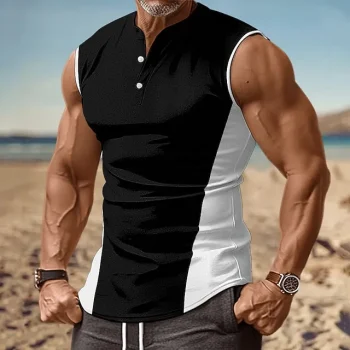 Men's Tank Top Vest Top Undershirt Sleeveless Shirt Color Block Henley Collar Outdoor Going out Sleeveless Button Clothing Apparel Fashion Designer Muscle