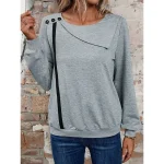 Women's T shirt Tee Plain Daily Weekend Gray Button Long Sleeve Daily Basic Round Neck Regular Fit Fall & Winter