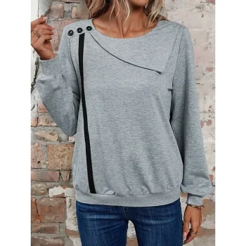 Women's T shirt Tee Plain Daily Weekend Gray Button Long Sleeve Daily Basic Round Neck Regular Fit Fall & Winter