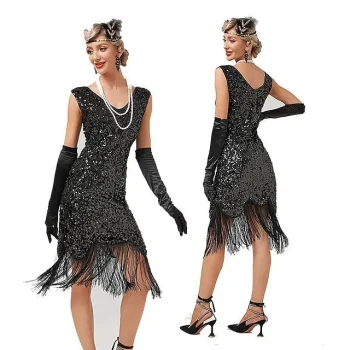 Women's Gold Sequin Dress Fringe Dress Party Dress Sparkly Dress Little Black Dress Black Retro 1920s Midi Dress Halloween Tassel Floral V Neck Sleeveless