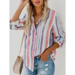 Women's Shirt Blouse Stripes Daily Red Button Pocket Basic Shirt Collar Regular Fit Spring & Fall