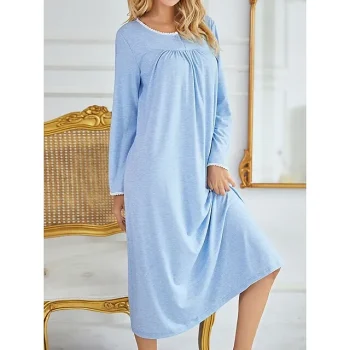 Women's Pajamas Nightgown Nightshirt Dress Pure Color Simple Casual Soft Home Daily Bed Polyester Breathable Crew Neck Long Sleeve Fall Light Blue