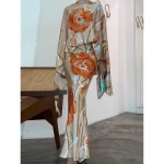 Women's Two Piece Dress Set Casual Dress Skirt Set Outdoor Date Fashion Streetwear Print Long Dress Maxi Dress Stand Collar Long Sleeve Floral Regular Fit Beige Fall S M L XL XXL