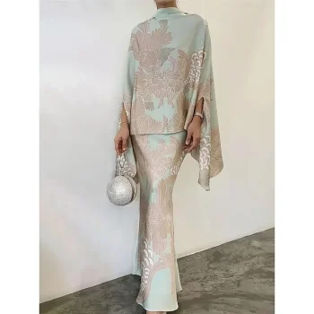 Women's Two Piece Dress Set Casual Dress Skirt Set Daily Going out Elegant Modern Ruffle Print Long Dress Maxi Dress Stand Collar Long Sleeve Floral Regular Fit White Champagne Wine Fall Winter S M L