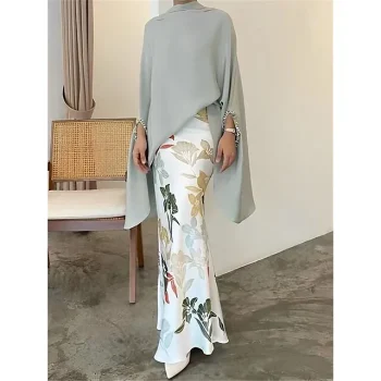 Women's Two Piece Dress Set Casual Dress Skirt Set Daily Going out Elegant Modern Ruffle Print Long Dress Maxi Dress Stand Collar Long Sleeve Floral Regular Fit Blue Fall Winter S M L XL