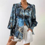 Women's Shirt Blouse Graphic Abstract Casual Blue Print Button Long Sleeve Fashion Shirt Collar Regular Fit Spring & Fall