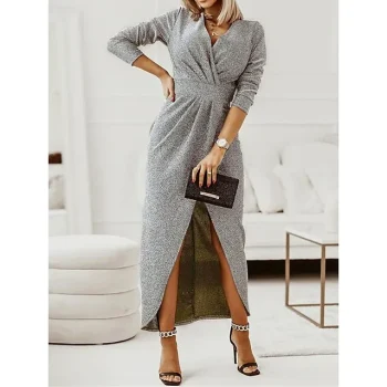 Women's Prom Dress Party Dress Wedding Guest Dress Long Dress Maxi Dress Silver Black Gold Long Sleeve Pure Color Ruched Fall Winter Autumn V Neck Fashion Winter Dress Birthday Evening Party S M