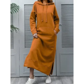 Women's Casual Dress Hoodie Dress Long Dress Maxi Dress Daily Casual Outdoor Vacation Going out Hoodie Pocket Pure Color Regular Fit Black Yellow Wine S M L XL XXL