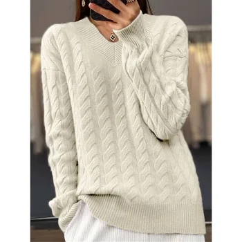 Women's Pullover Sweater Jumper V Neck Cable Knit Knit Oversized Fall Winter Regular Outdoor Daily Going out Stylish Casual Soft Long Sleeve Solid Color Black Camel Purple S M L