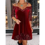Women's Velvet Dress Sequin Dress Winter Dress Mini Dress Cold Shoulder Party Date Going out Streetwear V Neck Long Sleeve Regular Fit Wine Gold Green Color S M L XL XXL Size