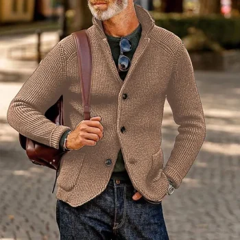 Men's Cardigan Sweater Cropped Sweater Ribbed Knit Regular Pocket Knitted Color Block Stand Collar Warm Ups Modern Contemporary Daily Wear Going out Clothing Apparel Fall & Winter Army Green caramel