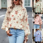 Women's Wrap Crop Top Chains Print Work Bell Sleeve Pink Blue Green Print Long Sleeve Print Turtleneck High Neck Form Fit Fleece lined Spring & Summer